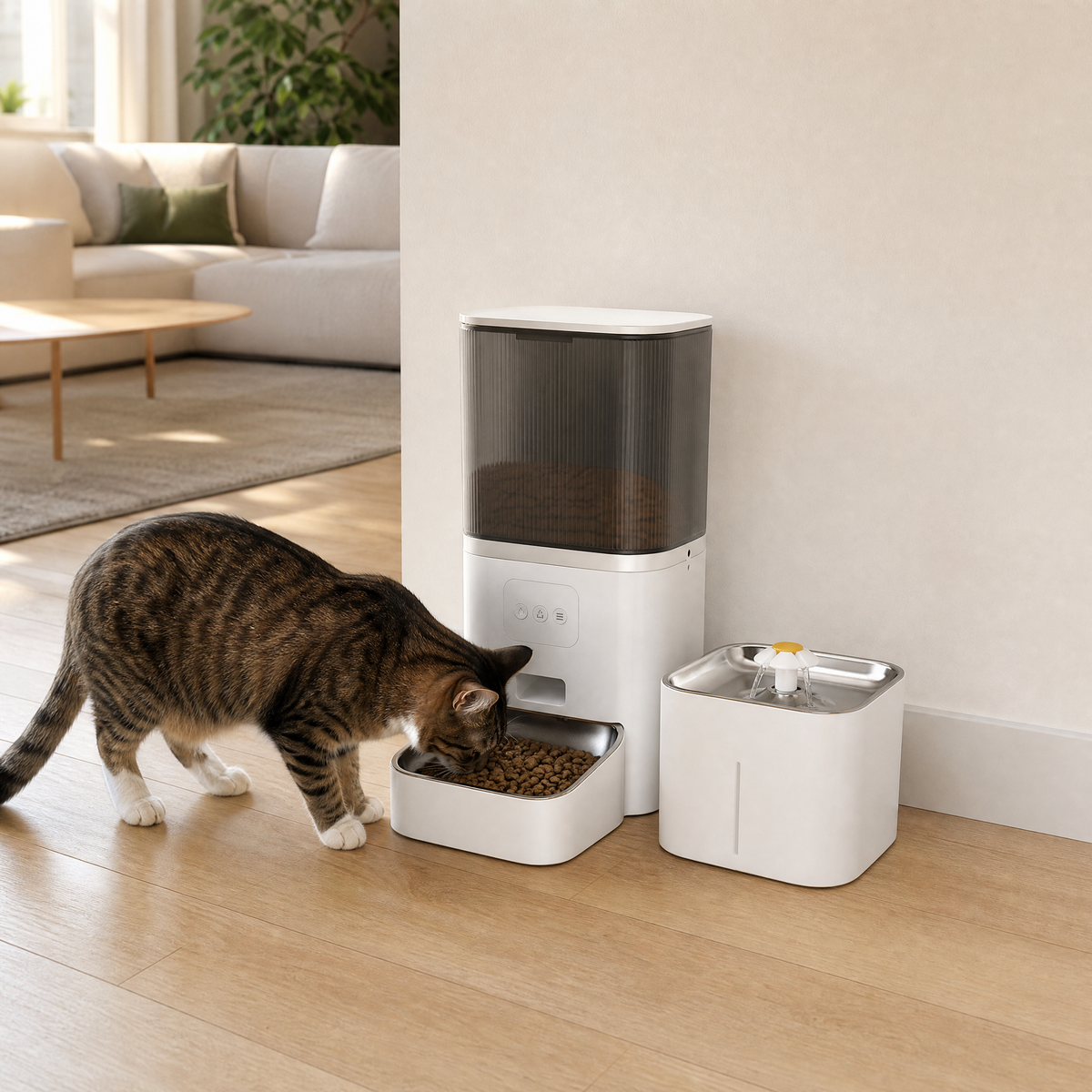 Gatto che mangia dal distributore automatico bianco