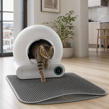 Gatto che esce dalla lettiera autopulente sul tappetino raccogli-lettiera