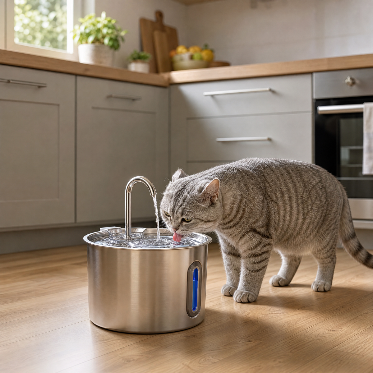 Gatto che beve dalla fontanella in acciaio inox