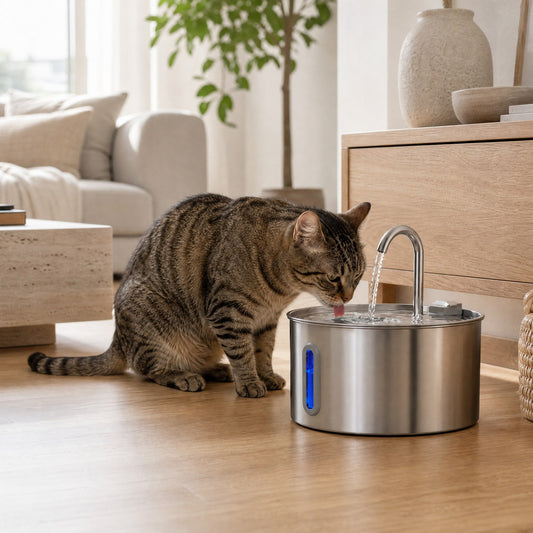 Gatto che beve dalla fontanella in acciaio inox