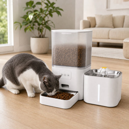 Gatto che mangia dal distributore automatico