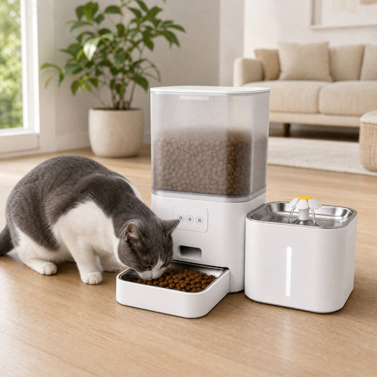 Gatto che mangia dal distributore automatico